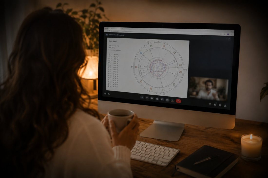 A natal chart on screen during an online astrology reading